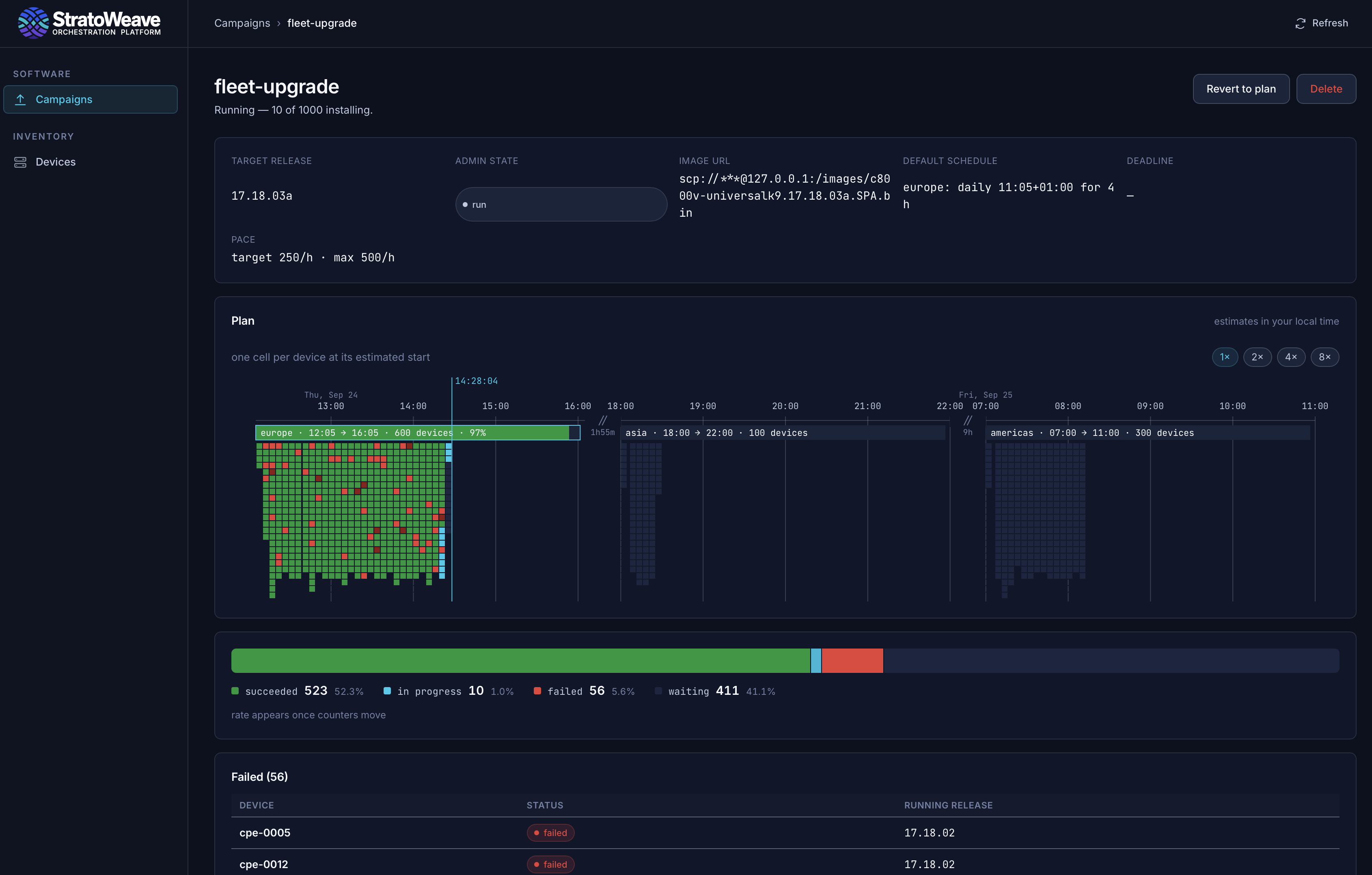 Fleet Manager campaign showing the target release, upgrade pace, and device progress across Asia, Europe, and Americas maintenance windows.